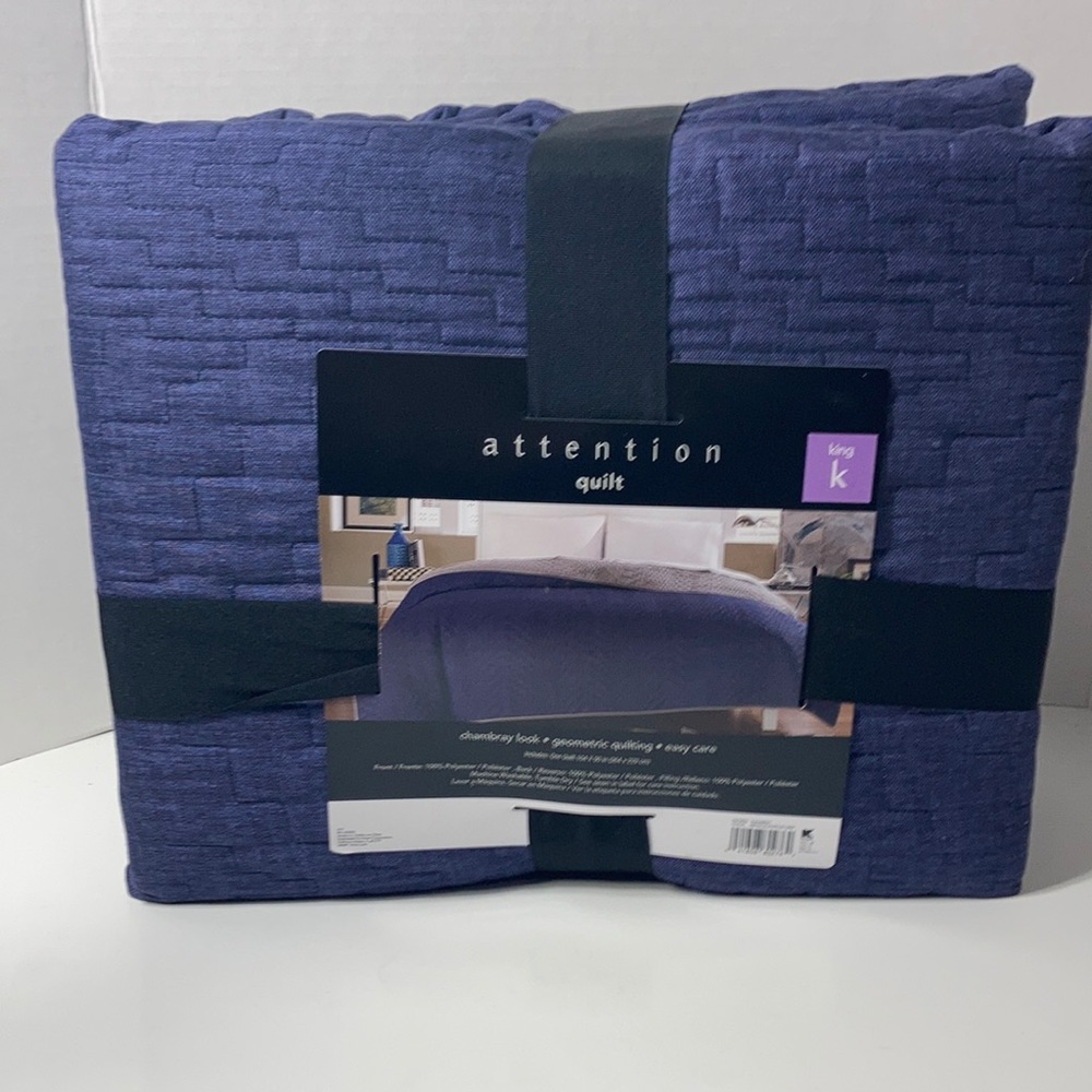 Attention Reversible Quilt King Blue Gray Chambray Look Geometric Quilting NWT